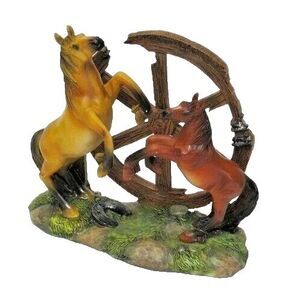Chesapeake Bay Figurine Horses Wagon Wheel Brown Tan Green Ceramic Gift